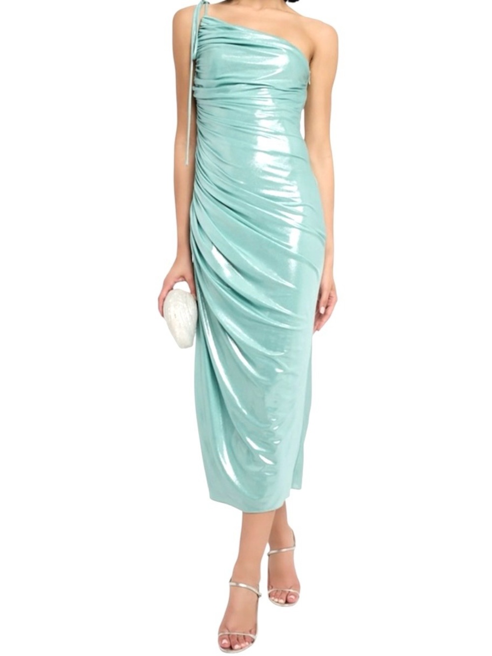Halston Mona One-Shoulder Ruched Midi Dress Celedon Teal Blue New Size 4